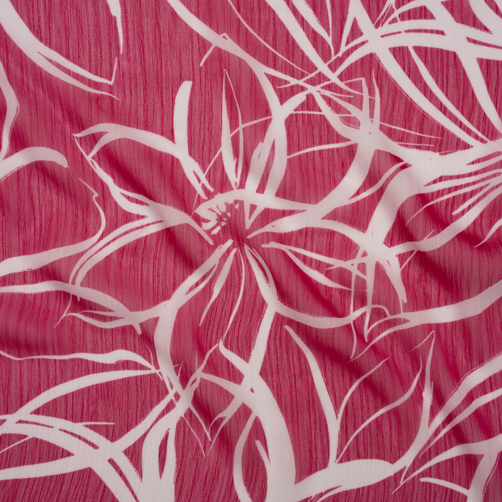Crinkled Polyester Chiffon – Magenta and White Floral Drawings – Designer Deadstock Crinkled Polyester Chiffon – Magenta and White Floral Drawings – Designer Deadstock