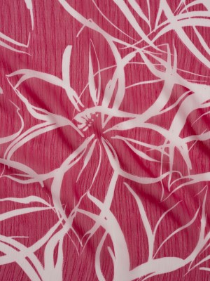 Crinkled Polyester Chiffon – Magenta and White Floral Drawings – Designer Deadstock Crinkled Polyester Chiffon – Magenta and White Floral Drawings – Designer Deadstock