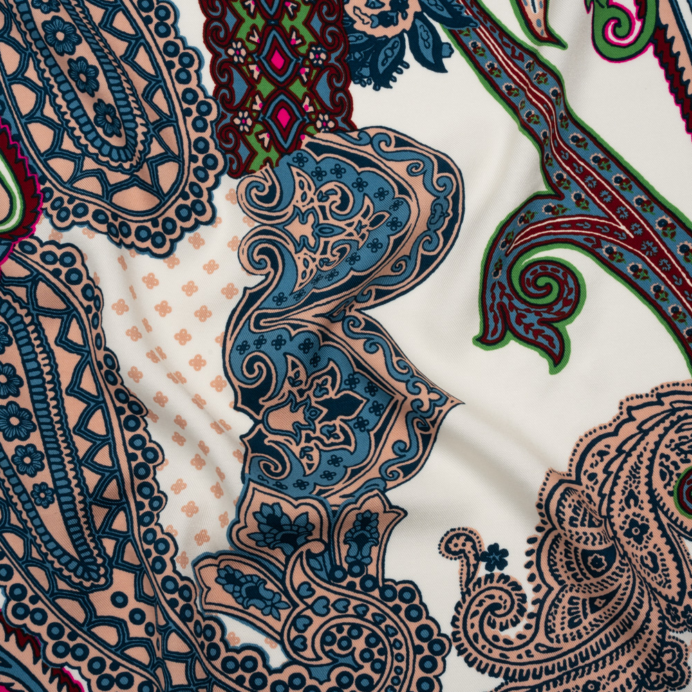 Rayon Twill – Blue, Red and Peachy Beige Paisley – Designer Deadstock Rayon Twill – Blue, Red and Peachy Beige Paisley – Designer Deadstock