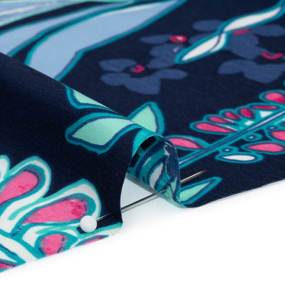 Washed Polyester Woven - Navy Blue, Mint Green and Magenta Pink Floral - Designer Deadstock