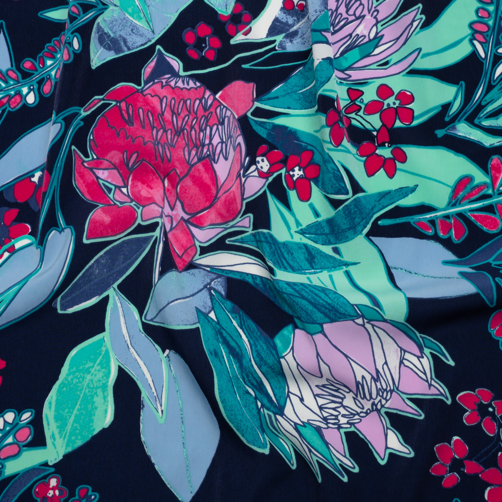 Washed Polyester Woven – Navy Blue, Mint Green and Magenta Pink Floral – Designer Deadstock Washed Polyester Woven – Navy Blue, Mint Green and Magenta Pink Floral – Designer Deadstock