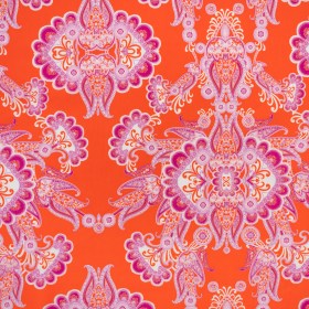 Stretch Cotton and Polyester Poplin Print – Red Orange, Magenta and White Jacobean Floral – Designer Deadstock Stretch Cotton and Polyester Poplin Print – Red Orange, Magenta and White Jacobean Floral – Designer Deadstock
