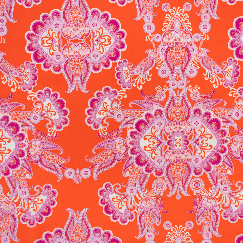 Stretch Cotton and Polyester Poplin Print – Red Orange, Magenta and White Jacobean Floral – Designer Deadstock Stretch Cotton and Polyester Poplin Print – Red Orange, Magenta and White Jacobean Floral – Designer Deadstock