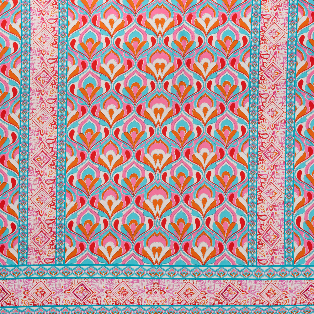 Stretch Cotton Sateen Panel – Turquoise, Pink and Orange Floral Ogees and Stripes – Designer Deadstock Stretch Cotton Sateen Panel – Turquoise, Pink and Orange Floral Ogees and Stripes – Designer Deadstock