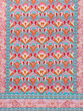 Stretch Cotton Sateen Panel – Turquoise, Pink and Orange Floral Ogees and Stripes – Designer Deadstock Stretch Cotton Sateen Panel – Turquoise, Pink and Orange Floral Ogees and Stripes – Designer Deadstock
