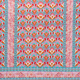 Stretch Cotton Sateen Panel – Turquoise, Pink and Orange Floral Ogees and Stripes – Designer Deadstock Stretch Cotton Sateen Panel – Turquoise, Pink and Orange Floral Ogees and Stripes – Designer Deadstock