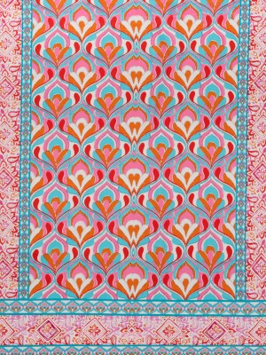 Stretch Cotton Sateen Panel – Turquoise, Pink and Orange Floral Ogees and Stripes – Designer Deadstock Stretch Cotton Sateen Panel – Turquoise, Pink and Orange Floral Ogees and Stripes – Designer Deadstock