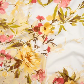 Stretch Polyester Crepe Double Knit – Ivory, Butter Yellow and Rose Pink Floral Border – Designer Deadstock Stretch Polyester Crepe Double Knit – Ivory, Butter Yellow and Rose Pink Floral Border – Designer Deadstock