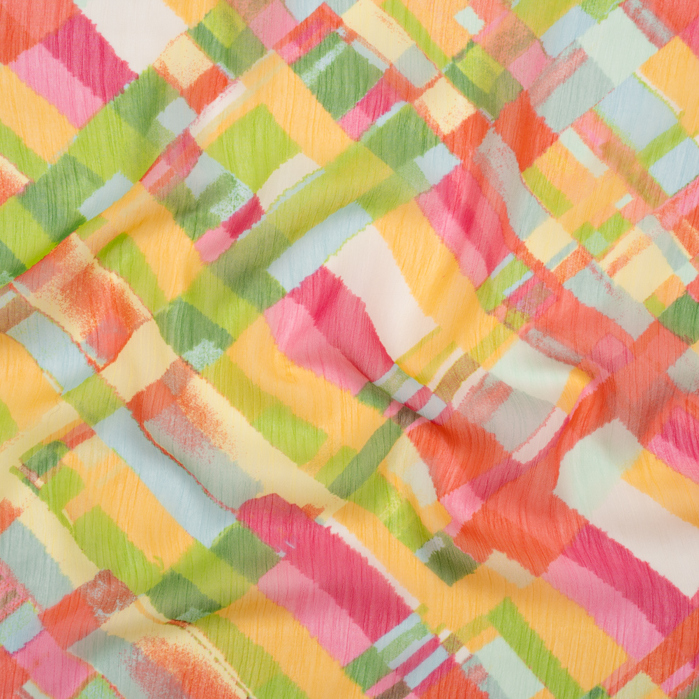 Crinkled Polyester Chiffon Print – Yellow, Lime Green and Pink Painted Plaid – Designer Deadstock Crinkled Polyester Chiffon Print – Yellow, Lime Green and Pink Painted Plaid – Designer Deadstock