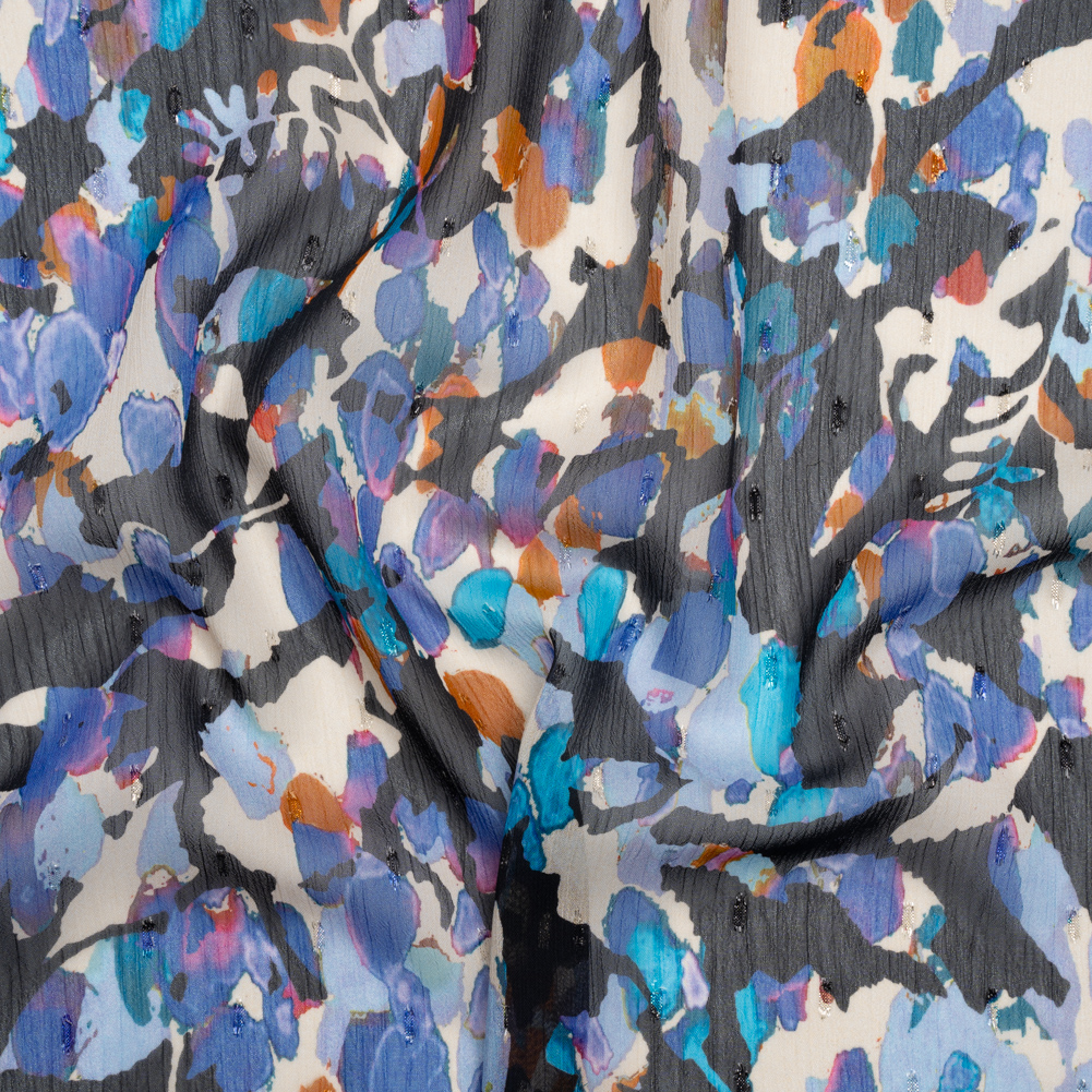 Crinkled Polyester Chiffon with Metallic Dots – Navy, Blue and Orange Abstracted Florals – Made in Italy Crinkled Polyester Chiffon with Metallic Dots – Navy, Blue and Orange Abstracted Florals – Made in Italy