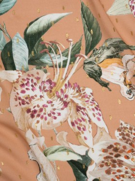 Rayon Batiste with Metallic Dots – Peach, White and Green Floral Rayon Batiste with Metallic Dots – Peach, White and Green Floral