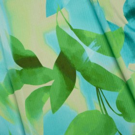 Crinkled Polyester Charmeuse – Turquoise, Grass and Tea Green Leaves – Made in Italy Crinkled Polyester Charmeuse – Turquoise, Grass and Tea Green Leaves – Made in Italy