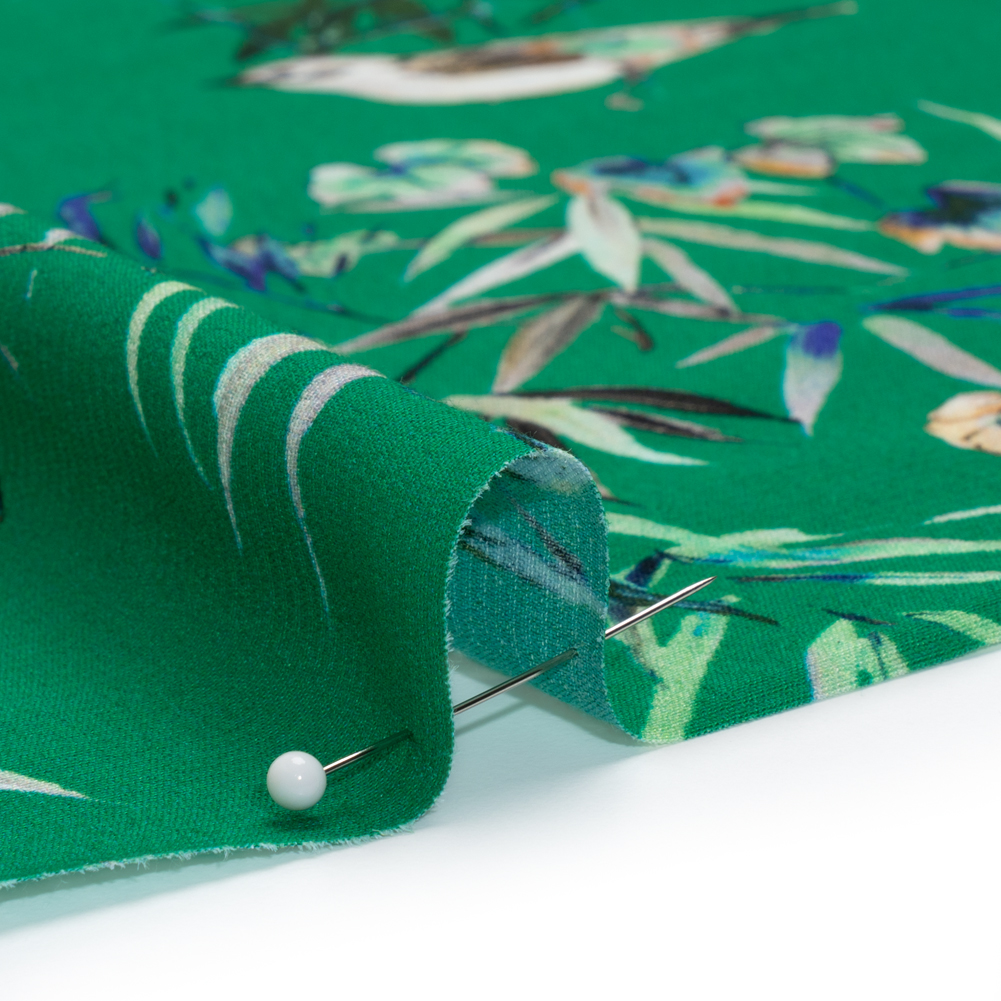 Rayon Crepe de Chine - Green, Pink and Yellow Flowers and Birds - Made in Italy