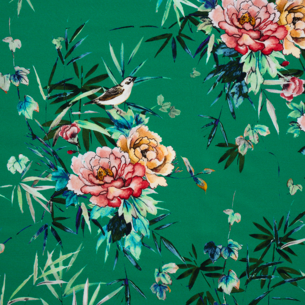 Rayon Crepe de Chine – Green, Pink and Yellow Flowers and Birds – Made in Italy Rayon Crepe de Chine – Green, Pink and Yellow Flowers and Birds – Made in Italy