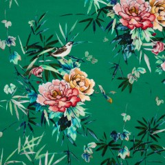 Rayon Crepe de Chine – Green, Pink and Yellow Flowers and Birds – Made in Italy Rayon Crepe de Chine – Green, Pink and Yellow Flowers and Birds – Made in Italy