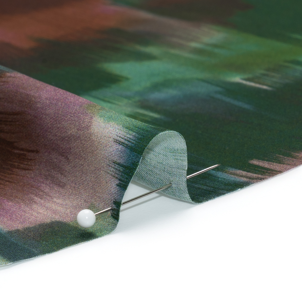 Polyester Charmeuse – Hunter Green, Brown and Plum Purple Brushstrokes – Made in Italy Polyester Charmeuse – Hunter Green, Brown and Plum Purple Brushstrokes – Made in Italy