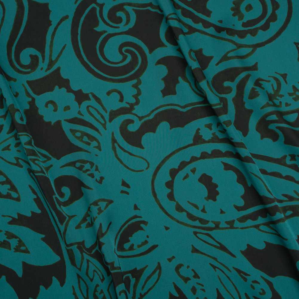 Polyester Charmeuse – Dark Green and Teal Paisley – Made in Italy Polyester Charmeuse – Dark Green and Teal Paisley – Made in Italy