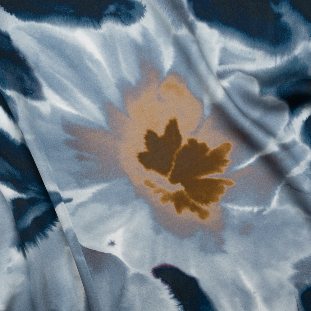 Satin-Faced Polyester Twill – Muted Blue and Brown Watercolor Flowers – Made in Italy Satin-Faced Polyester Twill – Muted Blue and Brown Watercolor Flowers – Made in Italy