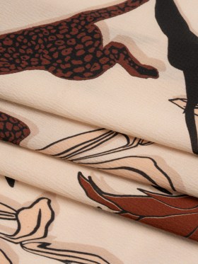 Polyester Satin-Faced Seersucker – Beige and Russet Leopards and Flowers – Made in Italy Polyester Satin-Faced Seersucker – Beige and Russet Leopards and Flowers – Made in Italy