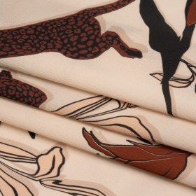 Polyester Satin-Faced Seersucker – Beige and Russet Leopards and Flowers – Made in Italy Polyester Satin-Faced Seersucker – Beige and Russet Leopards and Flowers – Made in Italy