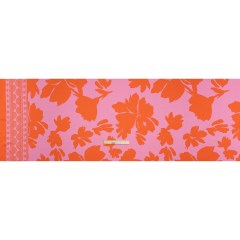 Polyester Twill – Pink and Red-Orange Florals and Striped Borders – Made in Italy Polyester Twill – Pink and Red-Orange Florals and Striped Borders – Made in Italy