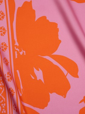 Polyester Twill – Pink and Red-Orange Florals and Striped Borders – Made in Italy Polyester Twill – Pink and Red-Orange Florals and Striped Borders – Made in Italy