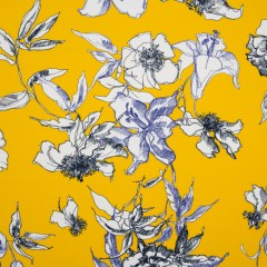 Polyester Satin-Backed Crepe – Yellow, Navy and Black Floral Sketches – Made in Italy Polyester Satin-Backed Crepe – Yellow, Navy and Black Floral Sketches – Made in Italy