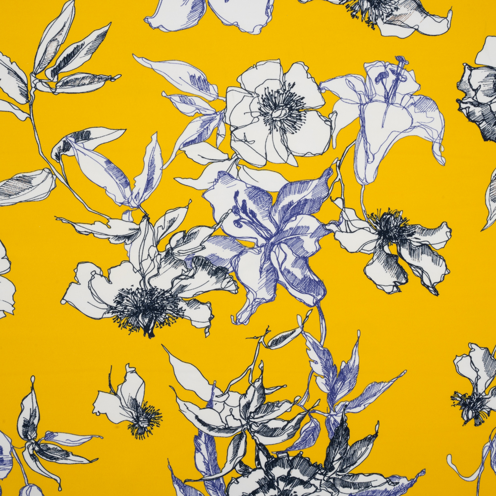 Polyester Satin-Backed Crepe – Yellow, Navy and Black Floral Sketches – Made in Italy Polyester Satin-Backed Crepe – Yellow, Navy and Black Floral Sketches – Made in Italy