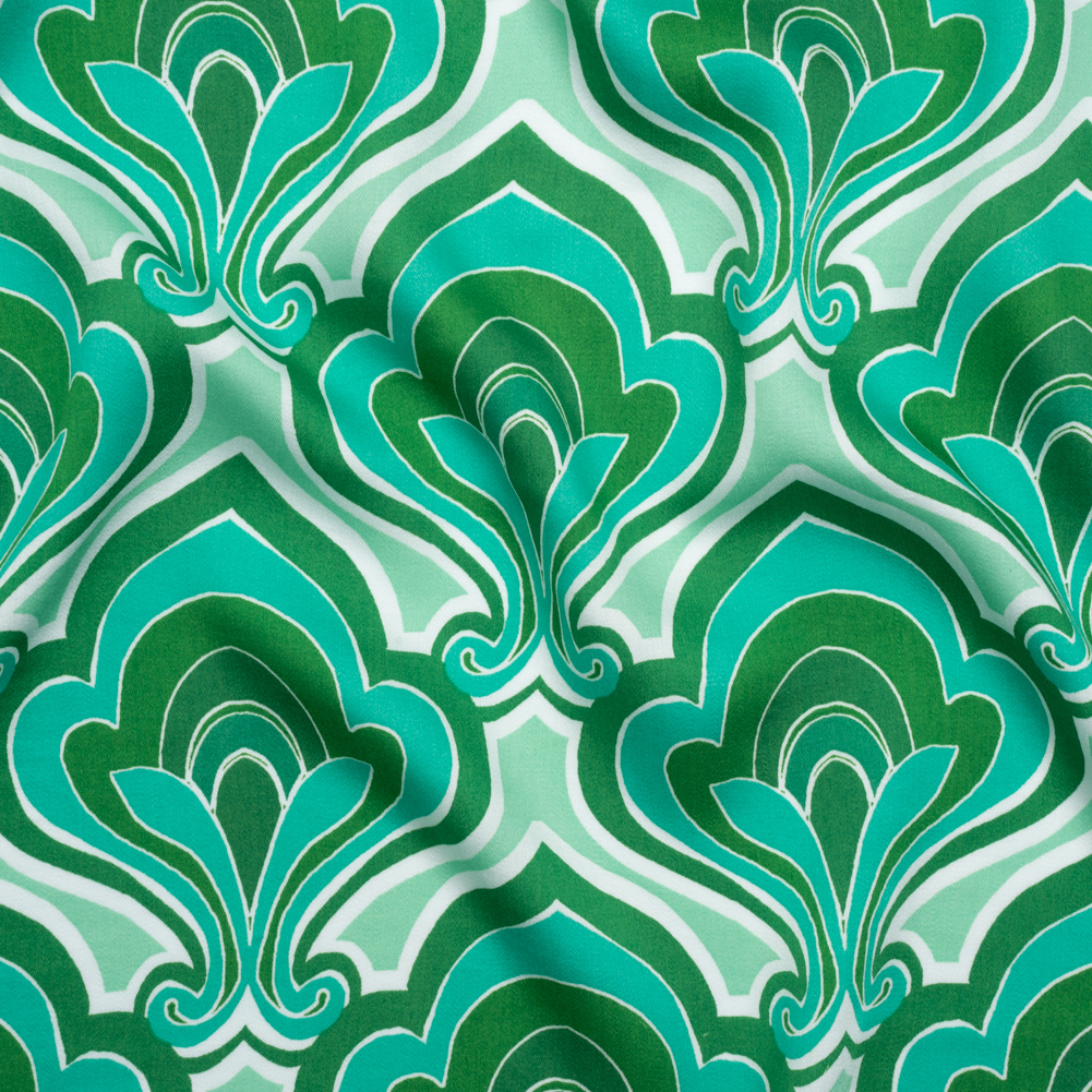Rayon Batiste – Green and Teal Retro Palmette Floral – Made in Italy Rayon Batiste – Green and Teal Retro Palmette Floral – Made in Italy