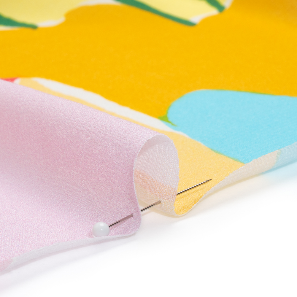 Rayon Crepe de Chine - Pink, Blue and Green Tropical Leaves - Made in Italy