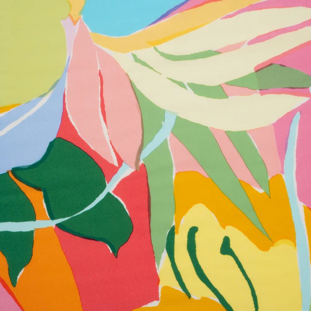 Rayon Crepe de Chine – Pink, Blue and Green Tropical Leaves – Made in Italy Rayon Crepe de Chine – Pink, Blue and Green Tropical Leaves – Made in Italy