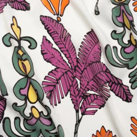 Washed Polyester Satin – Purple, Orange and White Palm Leaves – Made in Italy Washed Polyester Satin – Purple, Orange and White Palm Leaves – Made in Italy