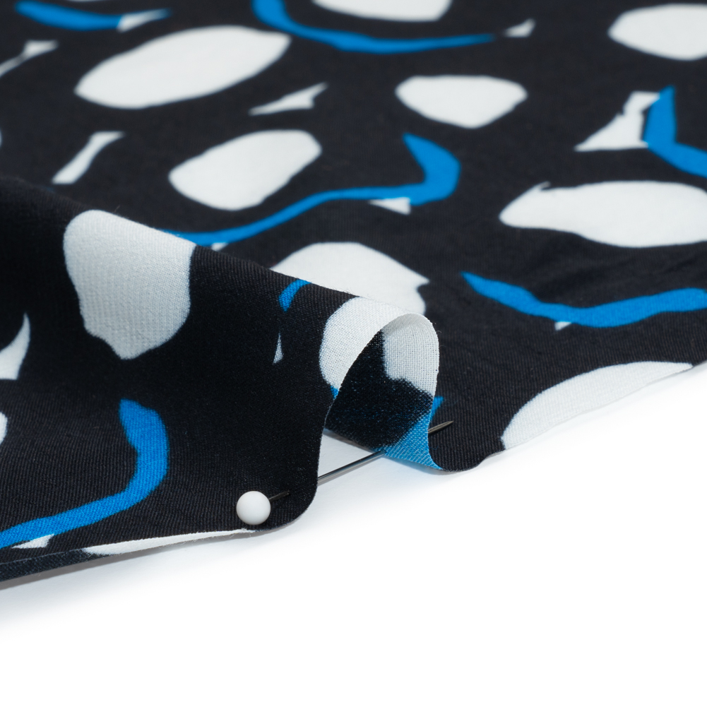 Rayon Crepe de Chine Made in Italy - Black, White and Blue Abstract Spots - Deadstock