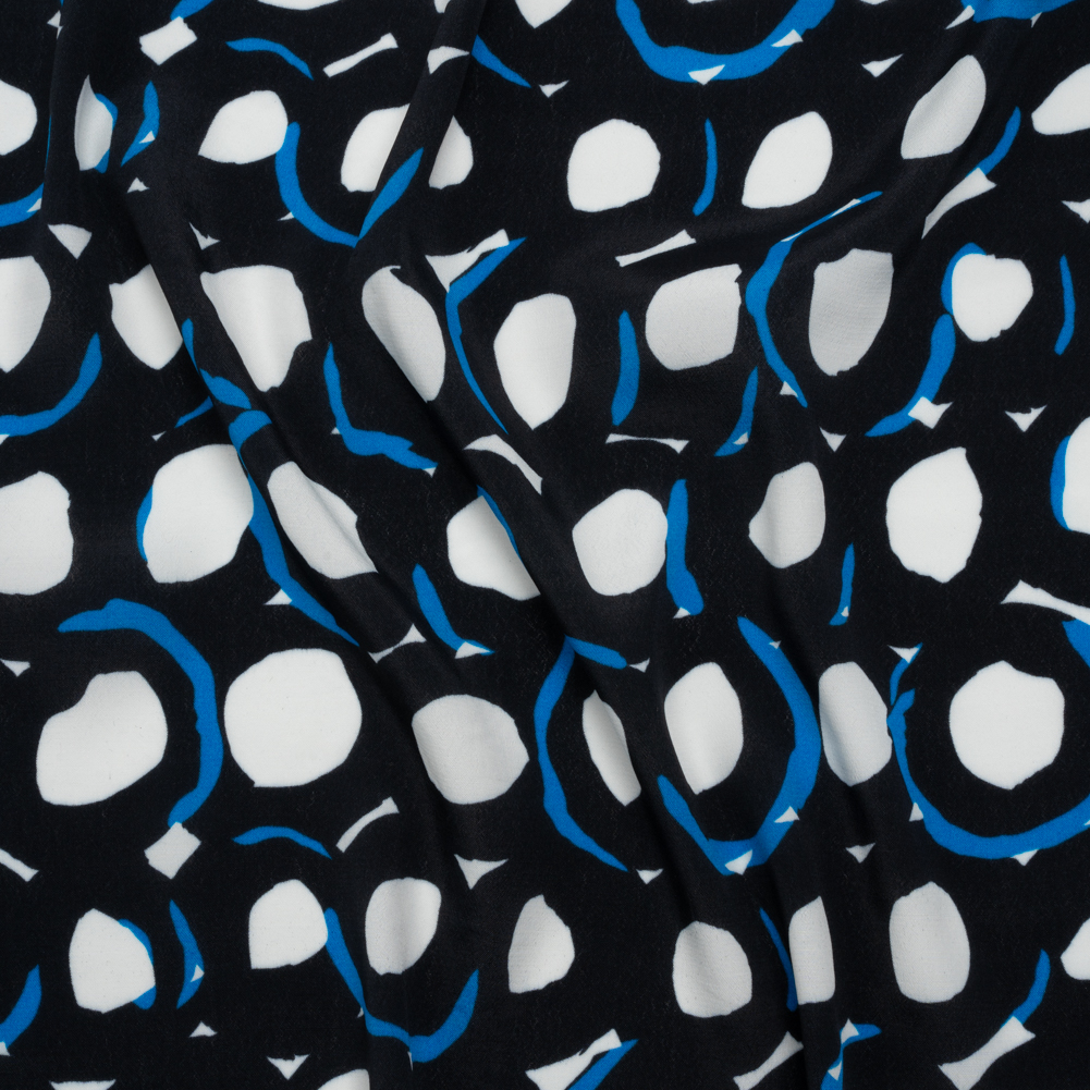 Rayon Crepe de Chine Made in Italy – Black, White and Blue Abstract Spots – Deadstock Rayon Crepe de Chine Made in Italy – Black, White and Blue Abstract Spots – Deadstock