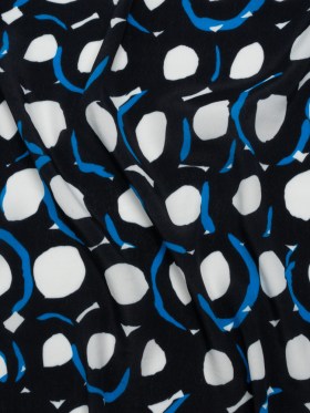 Rayon Crepe de Chine Made in Italy – Black, White and Blue Abstract Spots – Deadstock Rayon Crepe de Chine Made in Italy – Black, White and Blue Abstract Spots – Deadstock