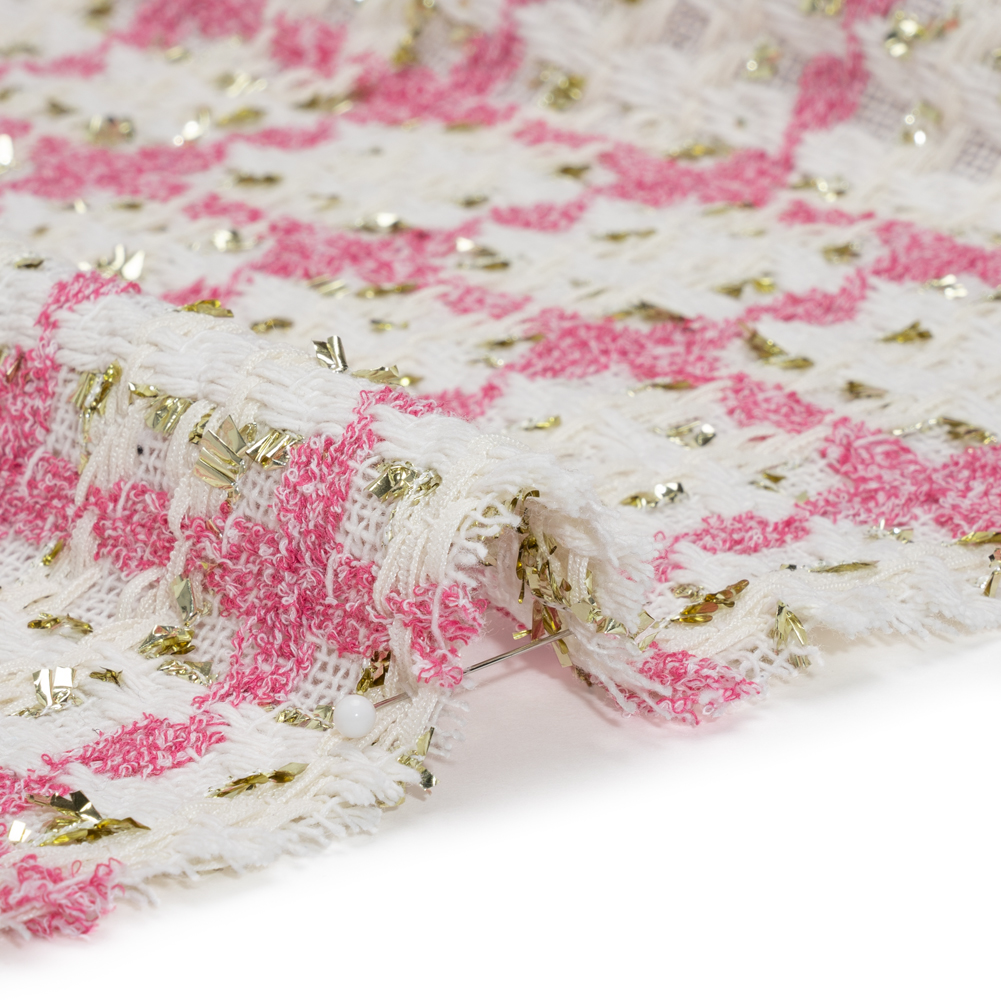 Polyester Boucle Tweed with Metallic Eyelash Fringe - White, Pink and Gold Plaid - Deadstock