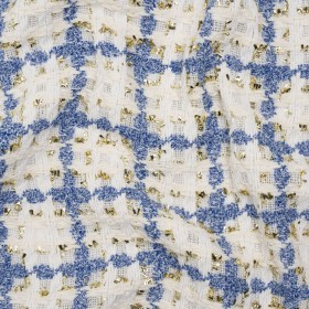 Polyester Boucle Tweed with Metallic Eyelash Fringe – White, Cobalt Blue and Gold Plaid – Deadstock Polyester Boucle Tweed with Metallic Eyelash Fringe – White, Cobalt Blue and Gold Plaid – Deadstock