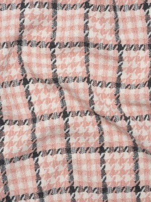 Wool Blend Tweed with Clear Eyelash Fringe and Baby Sequins – Charcoal, Rose and Cream Houndstooth Plaid – Deadstock Wool Blend Tweed with Clear Eyelash Fringe and Baby Sequins – Charcoal, Rose and Cream Houndstooth Plaid – Deadstock