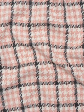 Wool Blend Tweed with Clear Eyelash Fringe and Baby Sequins – Charcoal, Rose and Cream Houndstooth Plaid – Deadstock Wool Blend Tweed with Clear Eyelash Fringe and Baby Sequins – Charcoal, Rose and Cream Houndstooth Plaid – Deadstock