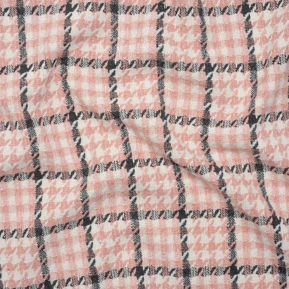 Wool Blend Tweed with Clear Eyelash Fringe and Baby Sequins – Charcoal, Rose and Cream Houndstooth Plaid – Deadstock Wool Blend Tweed with Clear Eyelash Fringe and Baby Sequins – Charcoal, Rose and Cream Houndstooth Plaid – Deadstock