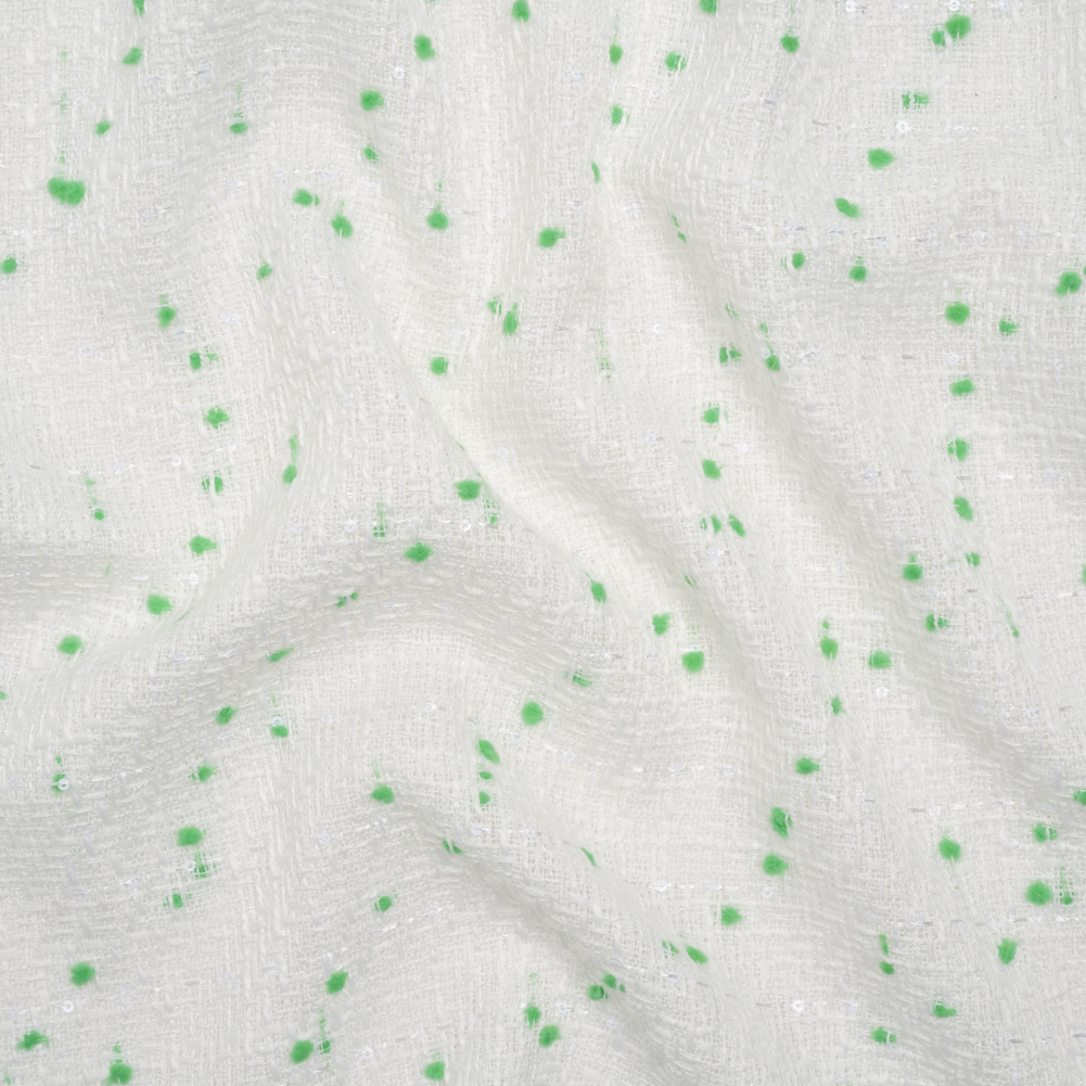 Polyester Pom Pom Tweed with Baby Sequins – White and Kelly Green – Deadstock Polyester Pom Pom Tweed with Baby Sequins – White and Kelly Green – Deadstock