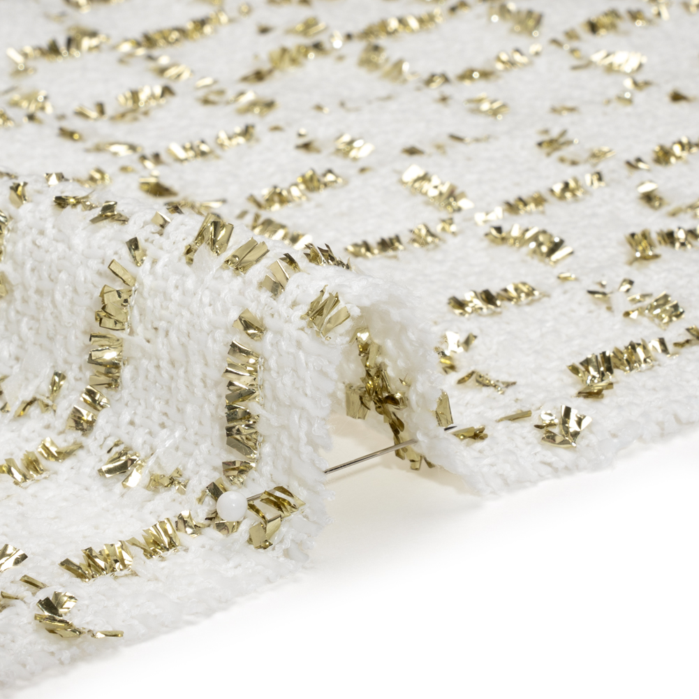 Polyester Boucle Tweed with Plaid Metallic Eyelash Fringe - White and Gold - Deadstock