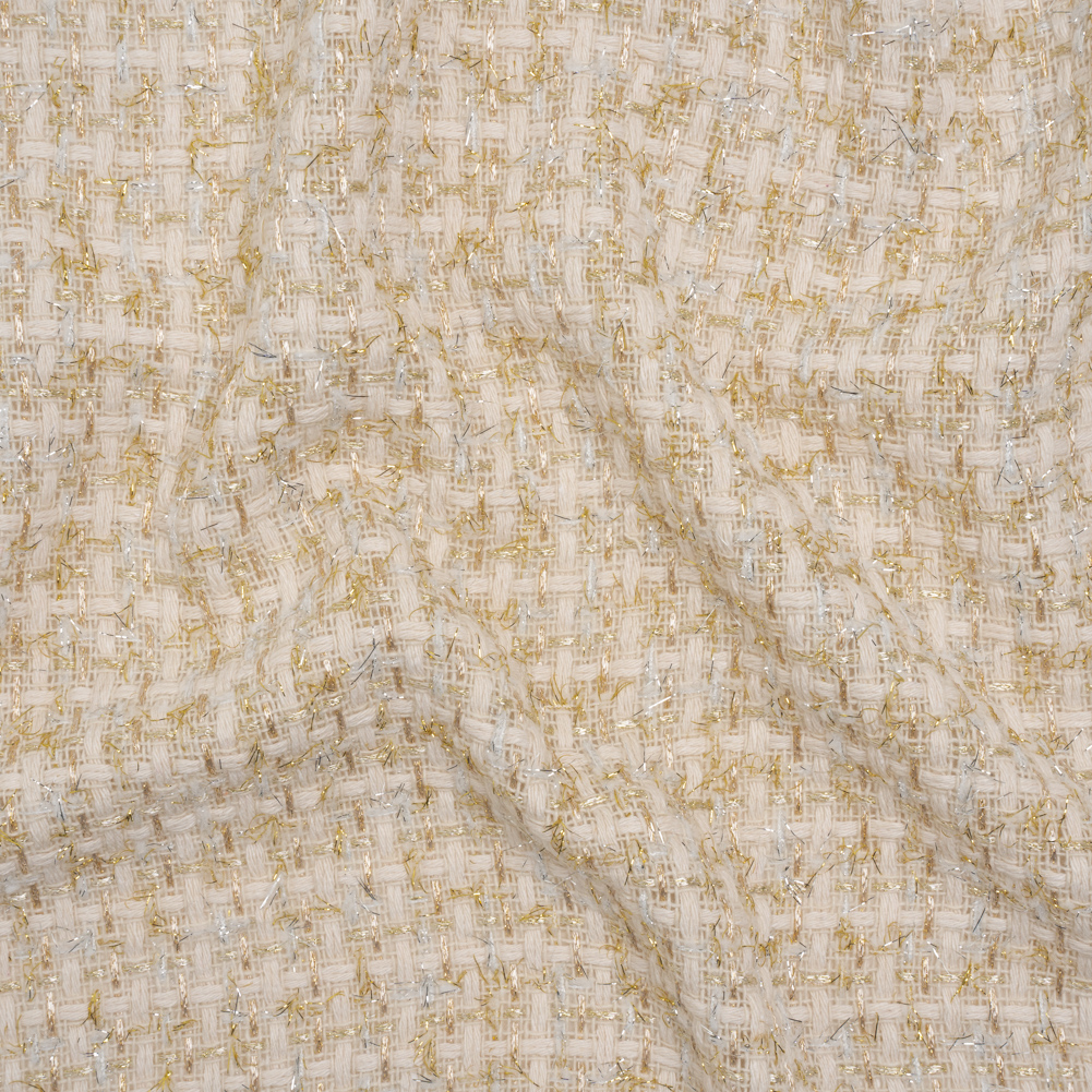 Wool Blend Tweed with Silver and Gold Eyelash Fringe – Cream Checks – Deadstock Wool Blend Tweed with Silver and Gold Eyelash Fringe – Cream Checks – Deadstock