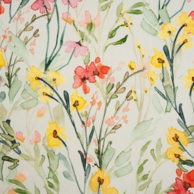 Lightweight Linen Woven – Yellow, Red and Green Watercolor Floral Trails on Ivory Lightweight Linen Woven – Yellow, Red and Green Watercolor Floral Trails on Ivory