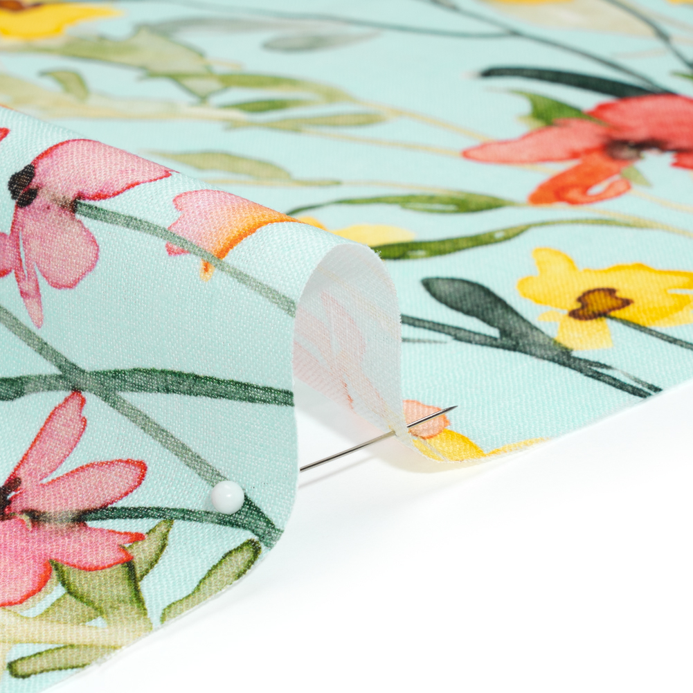 Lightweight Linen Woven – Yellow, Red and Green Watercolor Floral Trails on Ocean Blue Lightweight Linen Woven – Yellow, Red and Green Watercolor Floral Trails on Ocean Blue