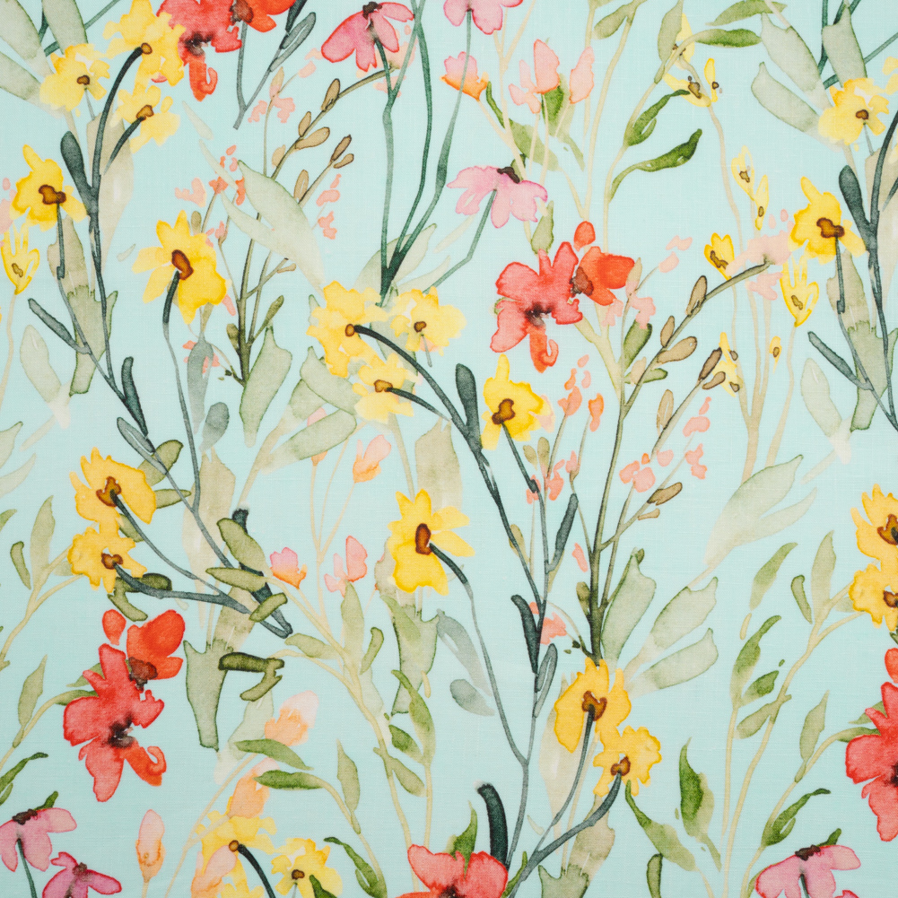 Lightweight Linen Woven – Yellow, Red and Green Watercolor Floral Trails on Ocean Blue Lightweight Linen Woven – Yellow, Red and Green Watercolor Floral Trails on Ocean Blue