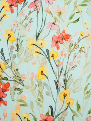 Lightweight Linen Woven – Yellow, Red and Green Watercolor Floral Trails on Ocean Blue Lightweight Linen Woven – Yellow, Red and Green Watercolor Floral Trails on Ocean Blue