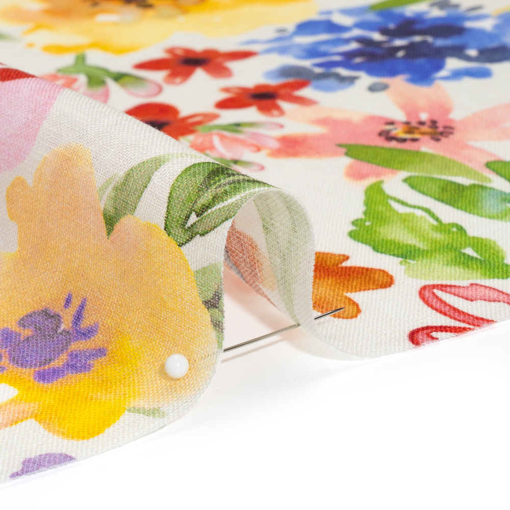 Lightweight Linen Woven – Purple, Yellow and Green Petal Drift Florals on White Lightweight Linen Woven – Purple, Yellow and Green Petal Drift Florals on White