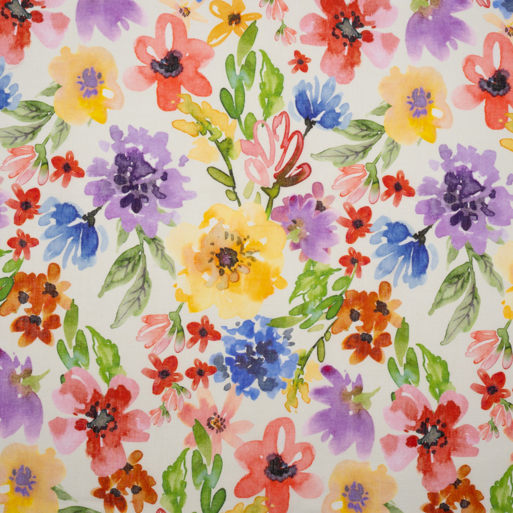 Lightweight Linen Woven – Purple, Yellow and Green Petal Drift Florals on White Lightweight Linen Woven – Purple, Yellow and Green Petal Drift Florals on White