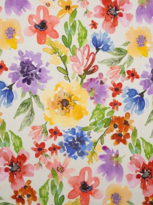 Lightweight Linen Woven – Purple, Yellow and Green Petal Drift Florals on White Lightweight Linen Woven – Purple, Yellow and Green Petal Drift Florals on White